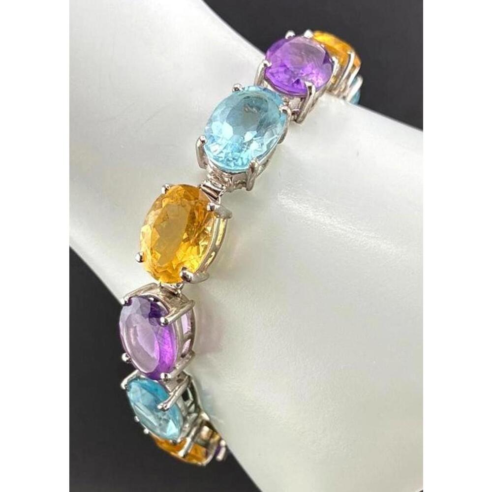 Vintage Topaz Citrine Amethyst LARGE Semi-precious gems Sterling Bracelet 7 1/2"